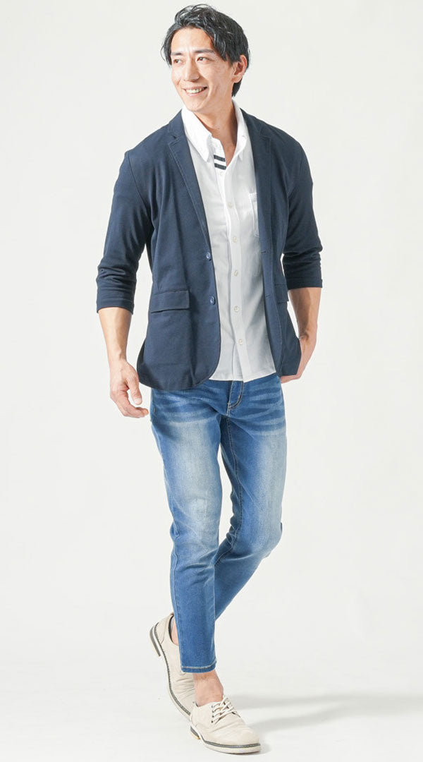 ネイビー七分袖テーラードジャケット　白七分袖ポロシャツ　ブルースキニーアンクルデニムパンツ　グレーシューズ　snp_pq0839