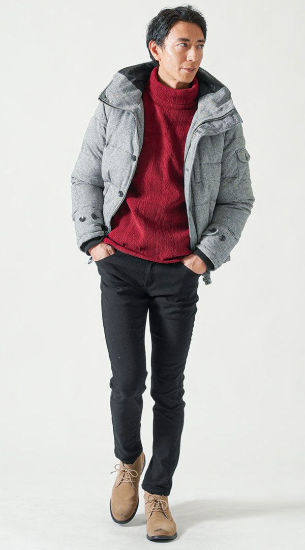 グレーツイードフード付きダウンジャケット　ワインケーブル柄タートルネック長袖ニット　snp_qf0265黒スキニーカラーチノパンツ　ベージュブーツ　