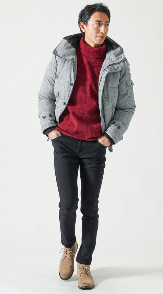 グレーツイードフード付きダウンジャケット　ワインケーブル柄タートルネック長袖ニット　snp_qf0265黒スキニーカラーチノパンツ　ベージュブーツ　