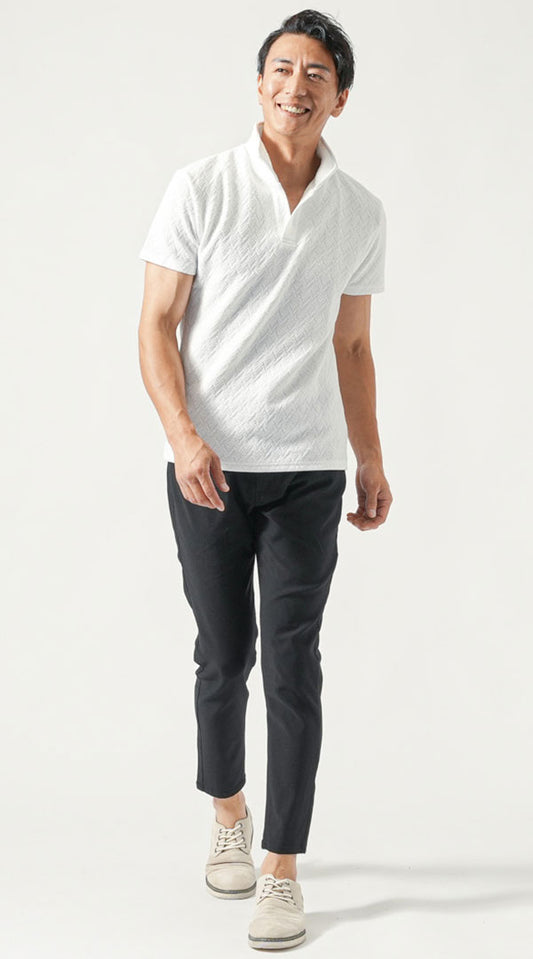 白半袖ポロシャツ　黒スキニーテーパードアンクルチノパンツ　グレーシューズ　snp_ow1603