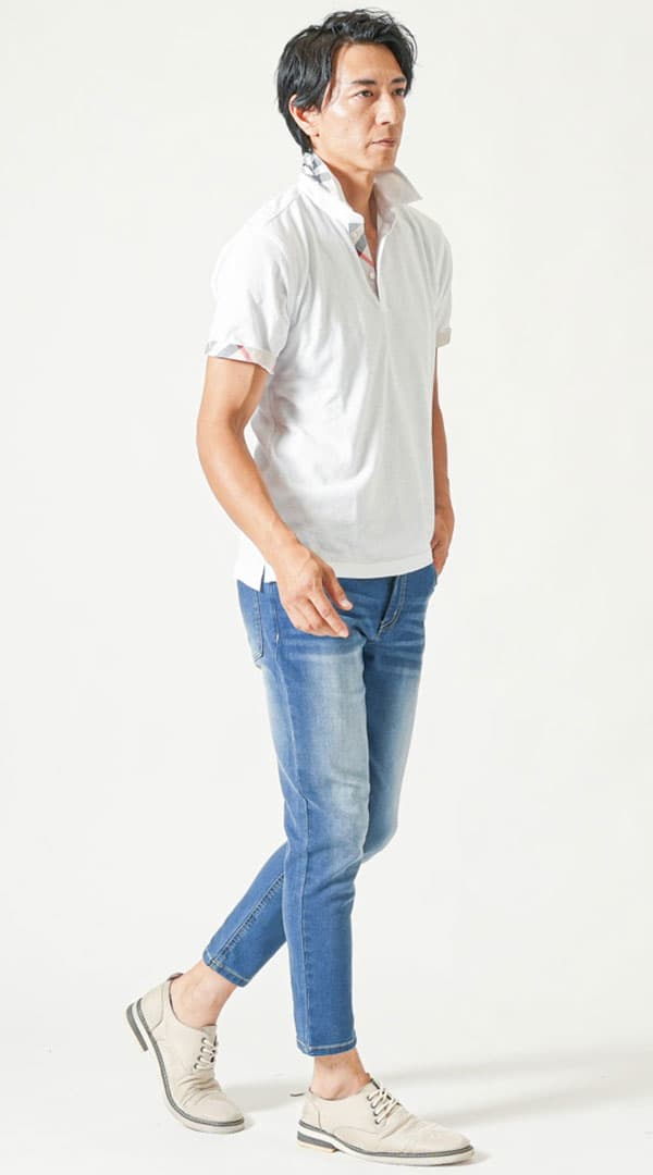 白半袖クールマックス素材ポロシャツ　ブルーストレッチスキニーアンクルデニムパンツ　グレーシューズ　snp_py1164