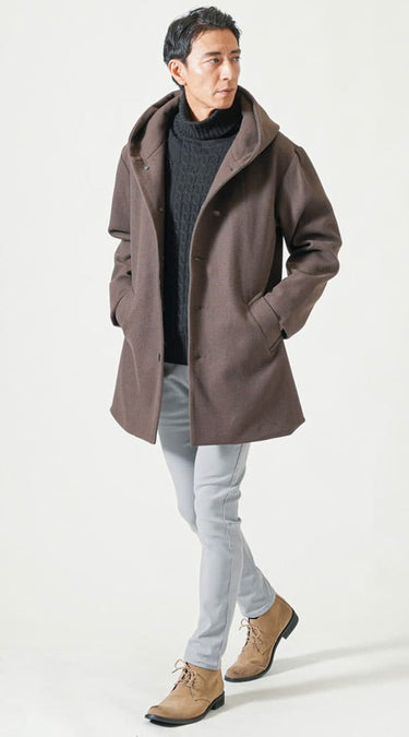 タートルネックと合わせた冬コートコーデ例