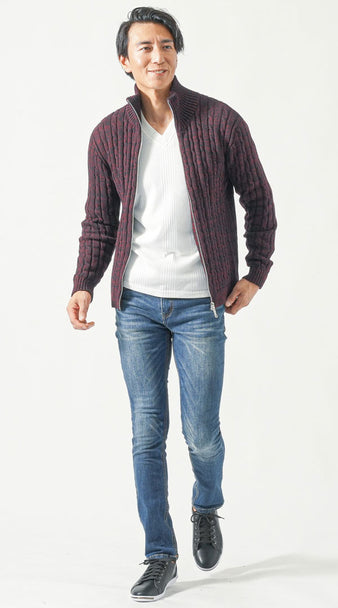 40代メンズにおすすめのワインレッドジップアップニットを使った秋服コーデ