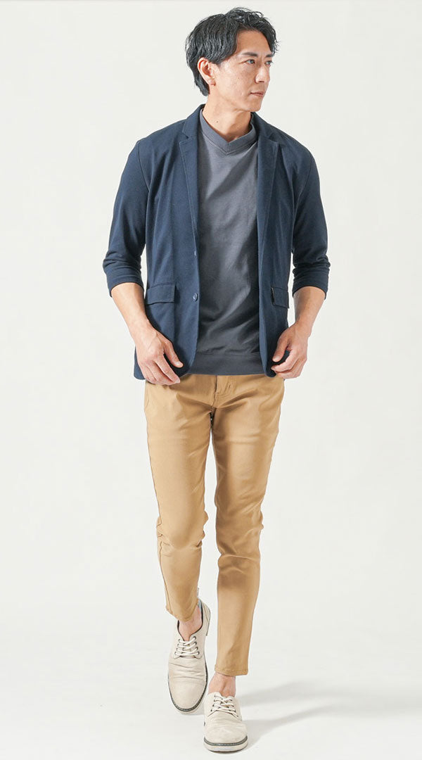 メンズ夏服トップス3点コーデセット　ネイビー7分袖テーラードジャケット×白半袖Tシャツ×チャコールグレー半袖Tシャツ