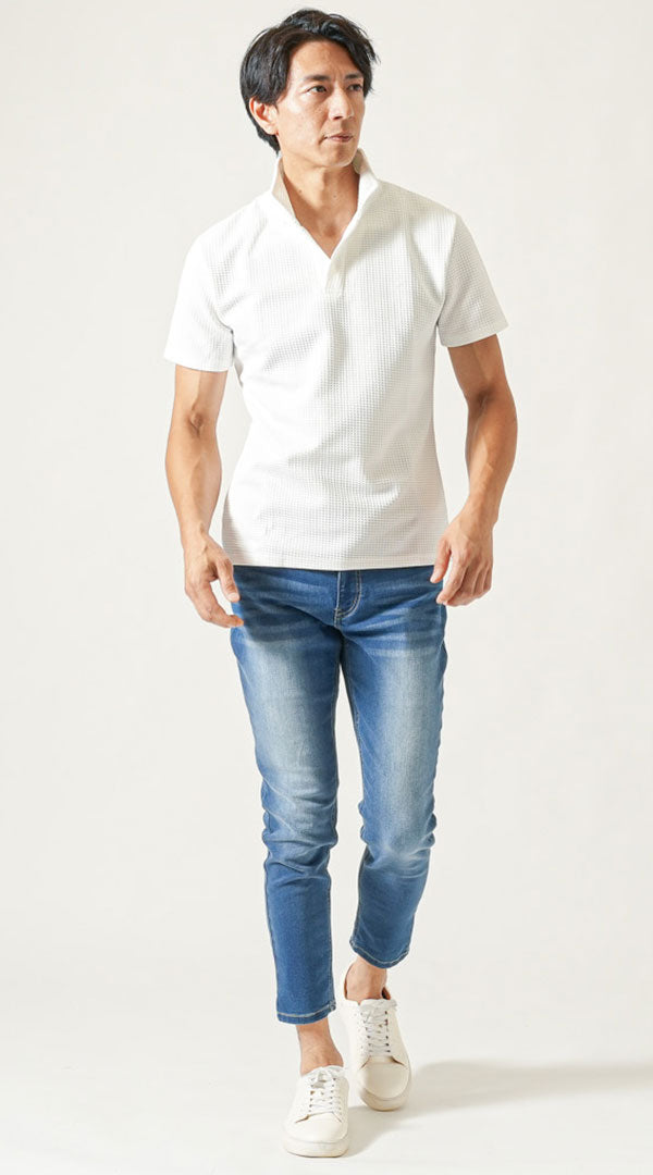 白半袖ポロシャツ　ブルーストレッチスキニーアンクルデニムパンツ　白スニーカー　snp_px0894