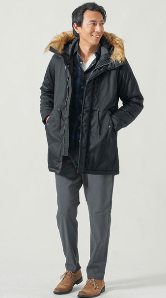 50代におすすめ|モッズコート×グレーパンツの防寒カジュアル。グレーのズボンに合う服を使ったメンズコーデ