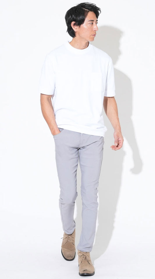 白汗ジミ軽減半袖Tシャツ グレーストレッチスキニーチノパンツ　ベージュブーツ　snp_qw0256