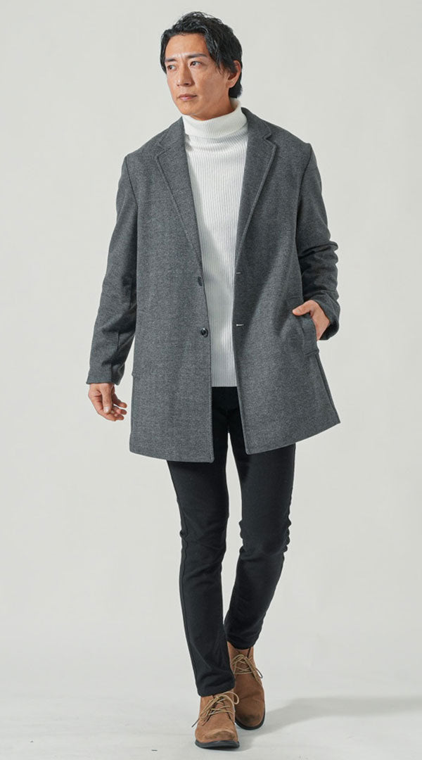 メンズにおすすめの冬のきれいめグレーチェスターコートコーデ｜30代・40代向けタートルネック重ね着スタイル
