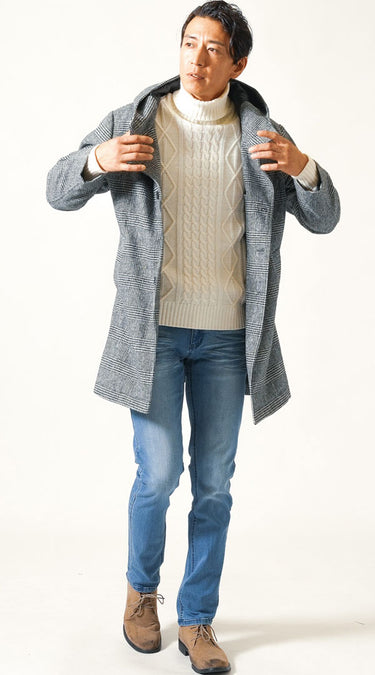 実際に提案して好評だったグレンチェックコートの“正解コーデ”