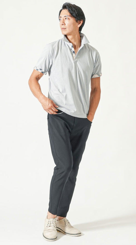 グレー半袖クールマックス素材ポロシャツ　黒スーパーストレッチスキニーアンクルチノパンツ　グレーシューズ　snp_py0407