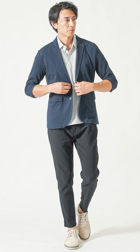 ネイビー七分袖テーラードジャケット　グレー半袖クールマックス素材ポロシャツ　黒スーパーストレッチスキニーアンクルチノパンツ　グレーシューズ　snp_py0424