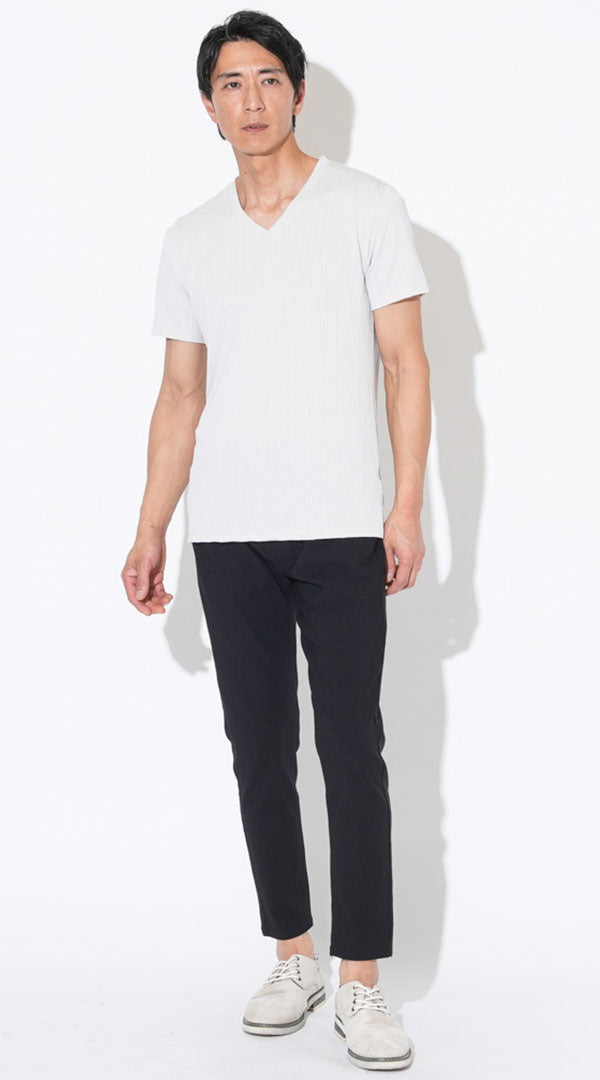 グレースリムフィットケーブル編み半袖Tシャツ　黒スーパーストレッチスキニーアンクルチノパンツ　グレースエードシューズ　snp_qv0786