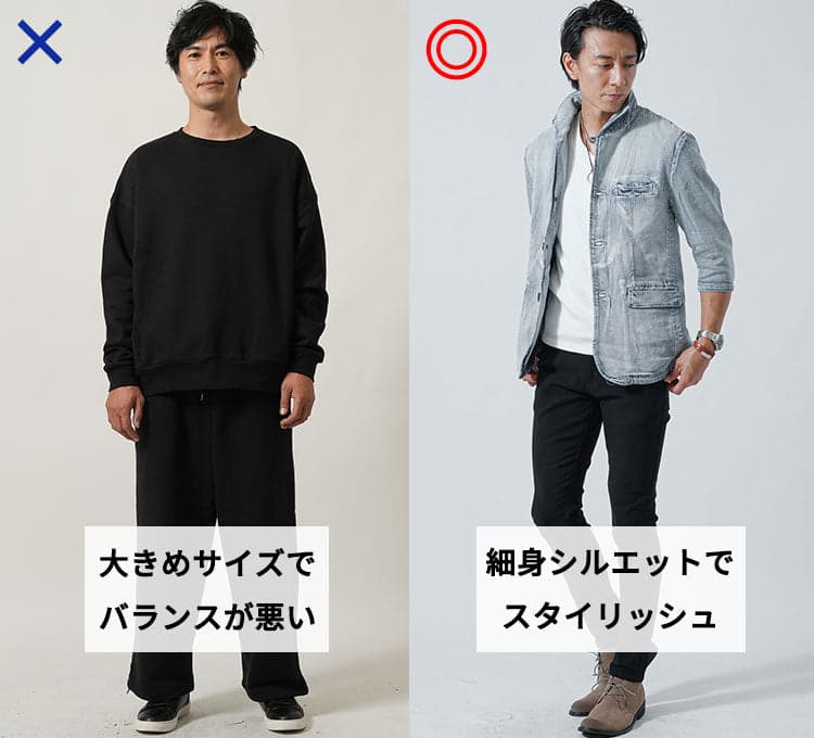 太めのパンツでだらしなく見えるNGコーデとスマートに見えるOKコーデの比較