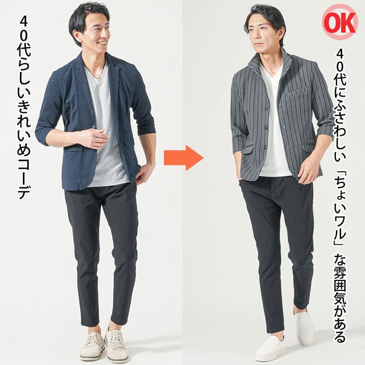 テーラードジャケットを着たコーデとちょいワル見えする立ち襟ジャケットを着た夏コーデ例