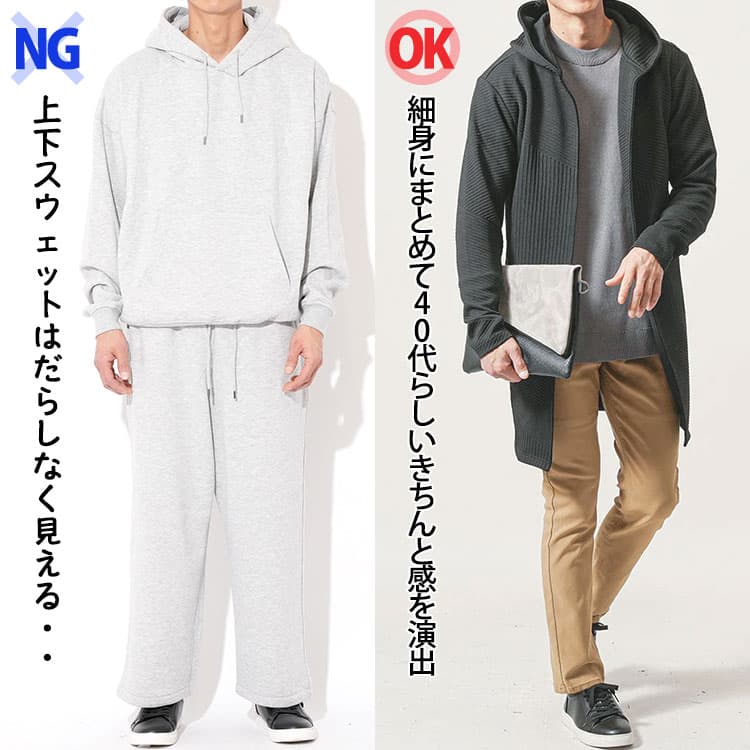 40代メンズがアウトドアファッションで避けるべき上下スウェットコーデ