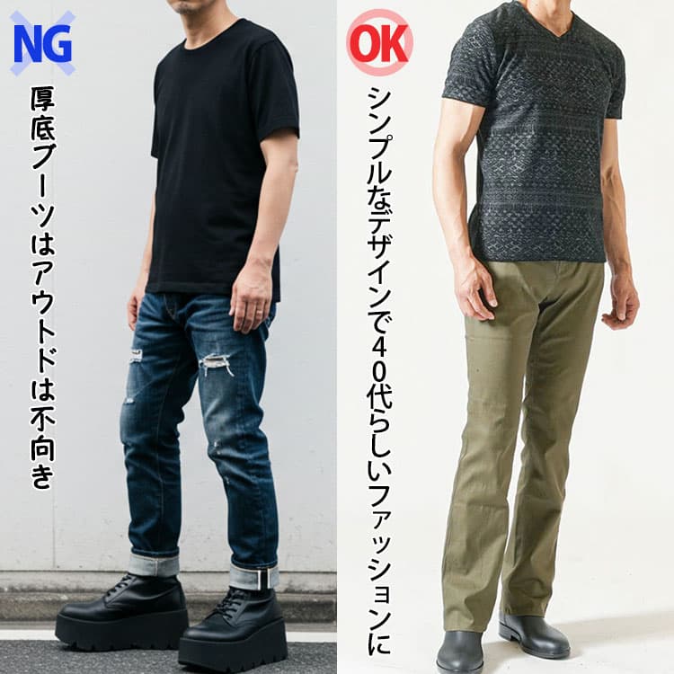 40代メンズがアウトドアファッションで避けるべき厚底なブーツコーデ