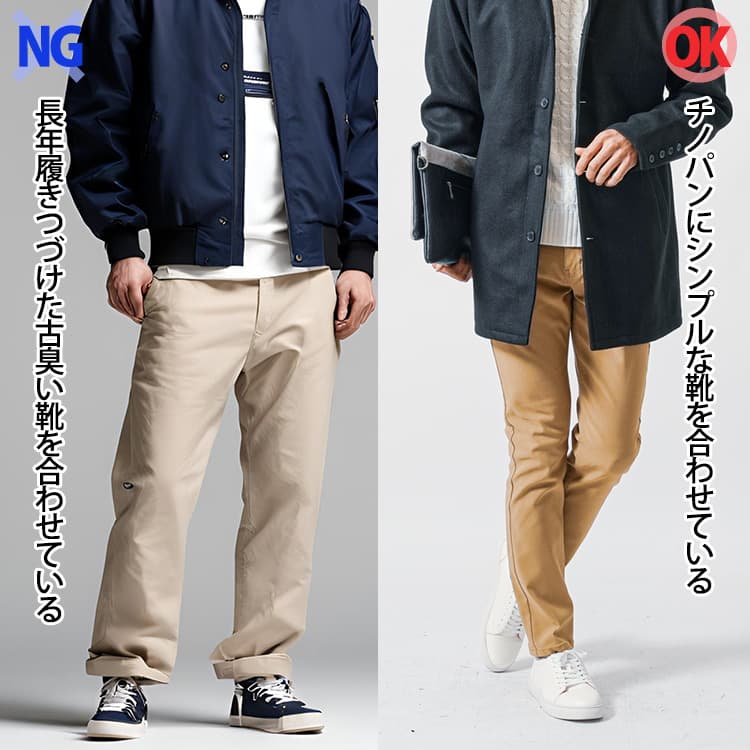 長年使い慣れてきた靴を合わせたチノパンコーデとシンプルで洗練された靴を合わせたチノパンコーデの比較