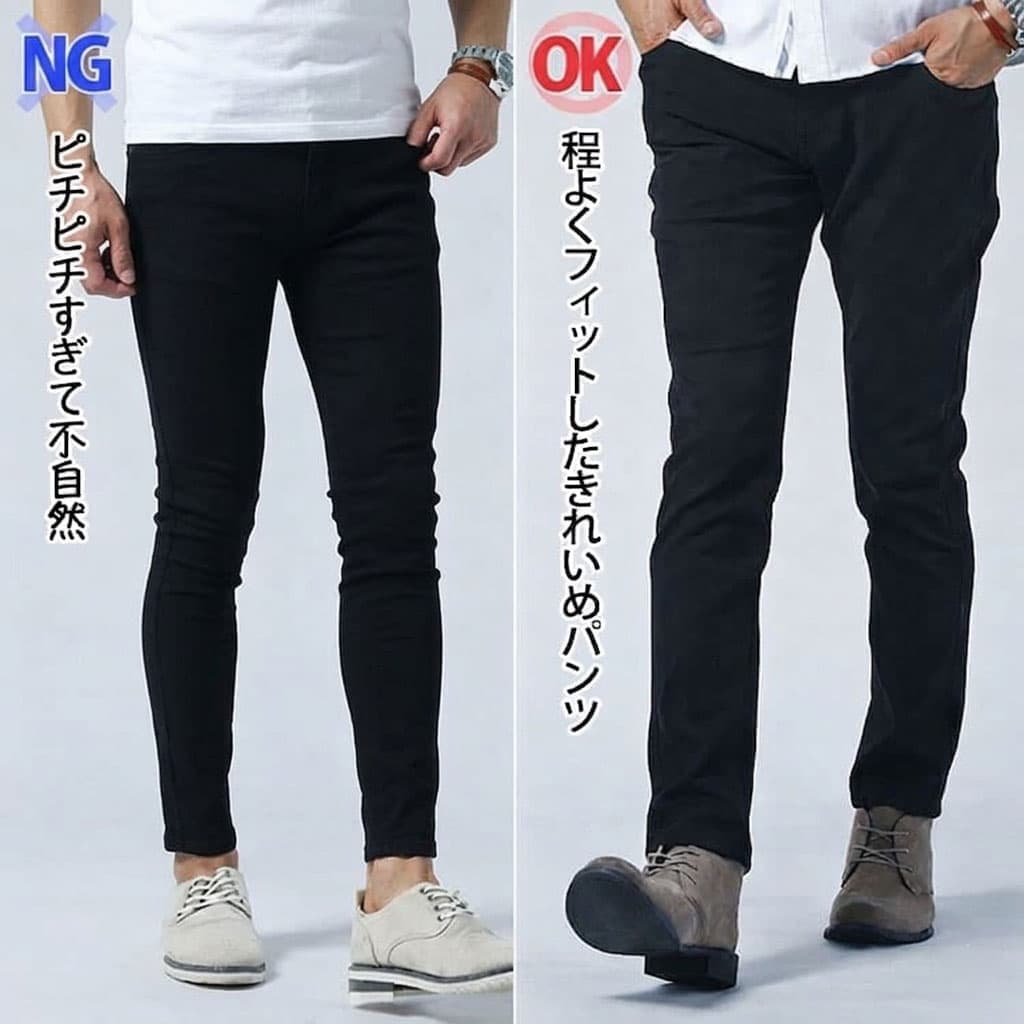 ピチピチの黒パンツと膝やふくらはぎの形が浮き出ない程度の黒パンツの比較