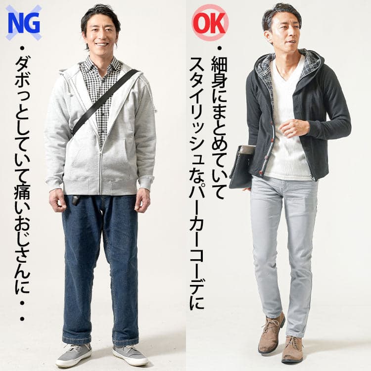 ダボっとしておじさん臭く見えるパーカーコーデと細身でスタイリッシュに見えるパーカーコーデの比較