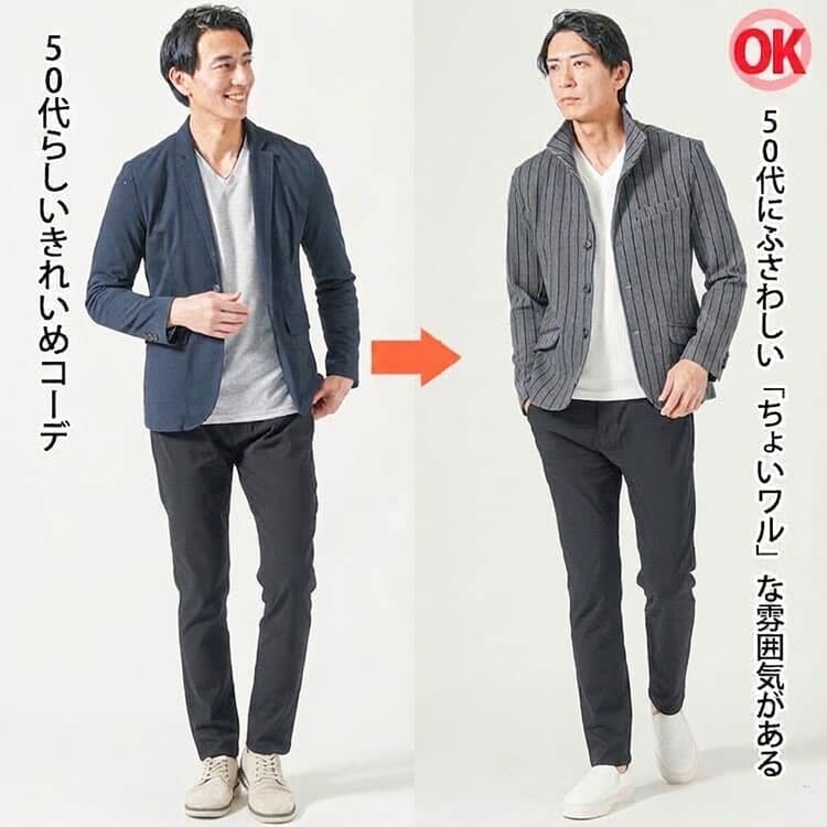 テーラードジャケットを着たコーデとちょいワル見えする立ち襟ジャケットを着たコーデ例