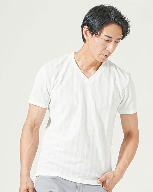 ランダムテレコジャガードスリムフィット半袖VネックTシャツ