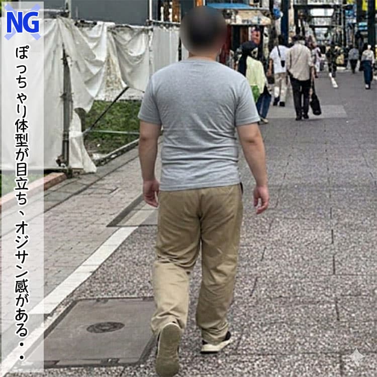 ぽっちゃり体型が目立つ細身Tシャツと太めパンツを合わせたコーデ例