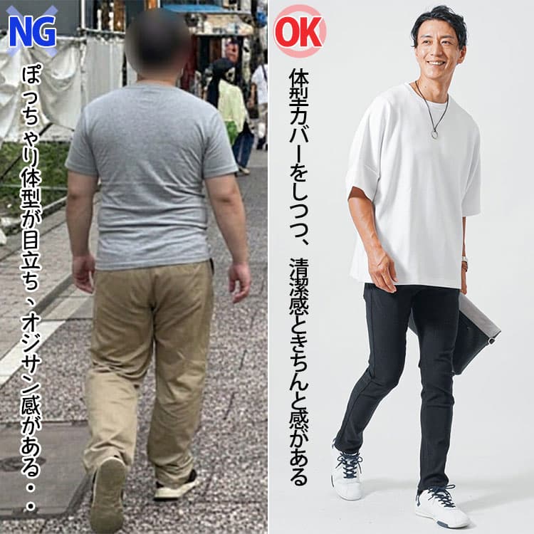 ぽっちゃり体型が目立つコーデと目立たないコーデの比較画像