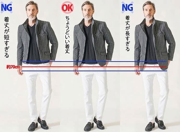着丈が短すぎる・ちょうどいい・長すぎるジャケットの比較