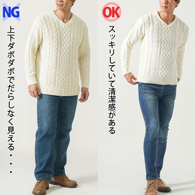 上下ダボダボのケーブルニットコーデと、細身シルエットのケーブルニットに細身パンツの合わせたコーデの比較