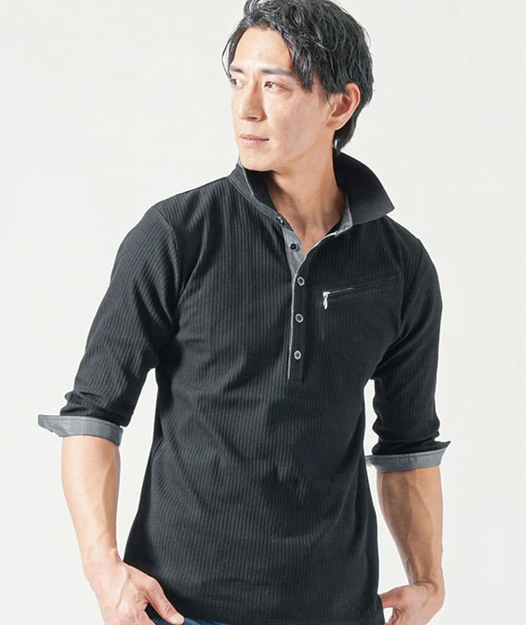 涼しい接触冷感前立てデザインランダムテレコ7分袖ポロシャツ