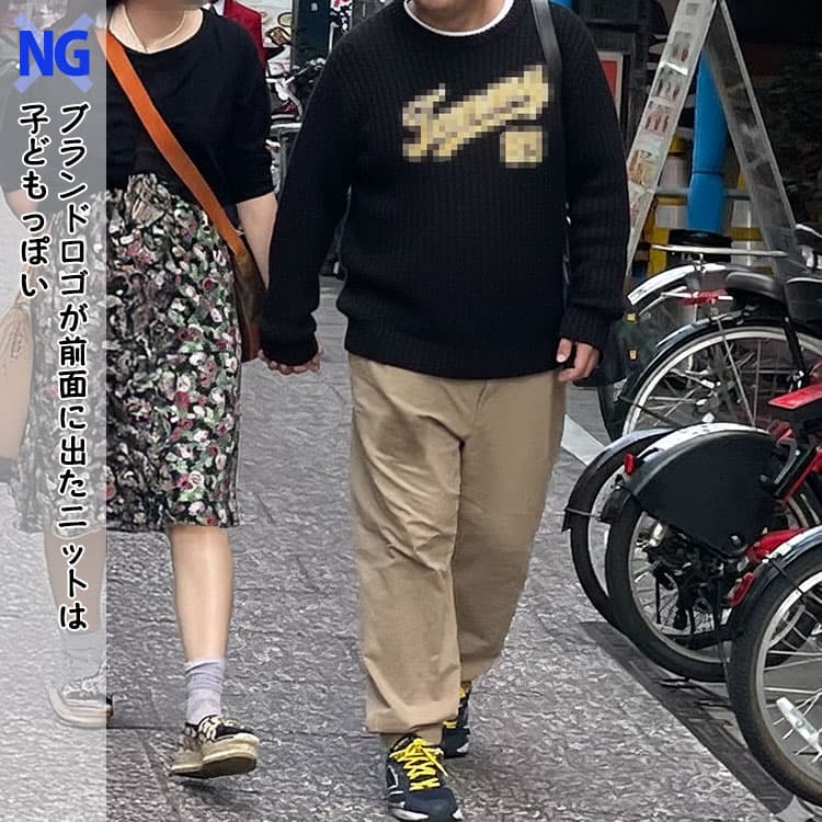 ブランドロゴが前面に出たニットを着た男性のコーディネート例