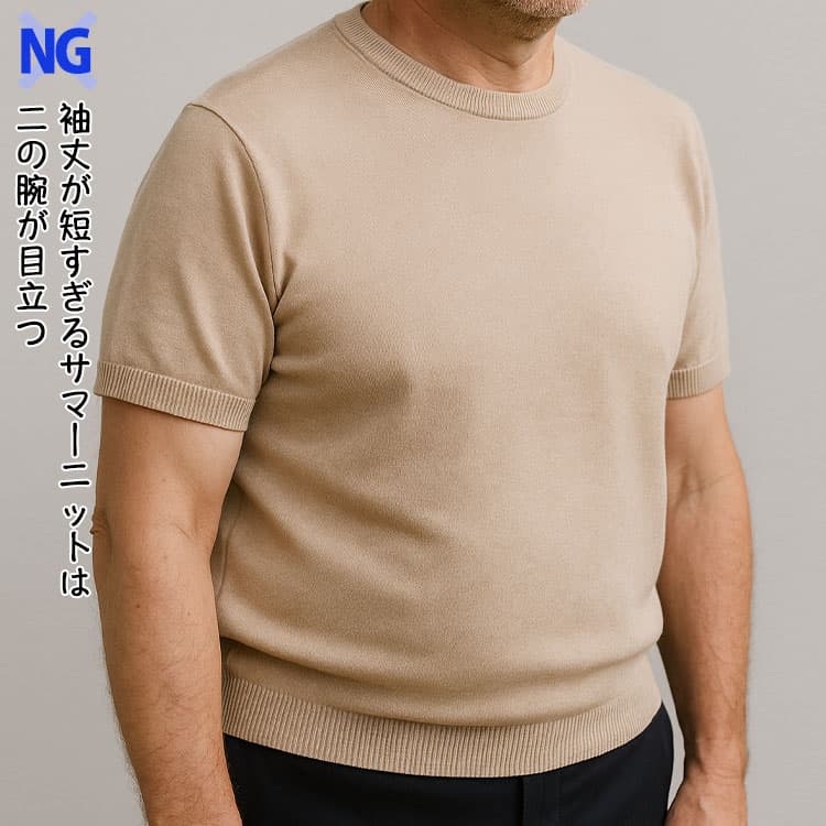 袖丈が短すぎるサマーニットを着たNG例