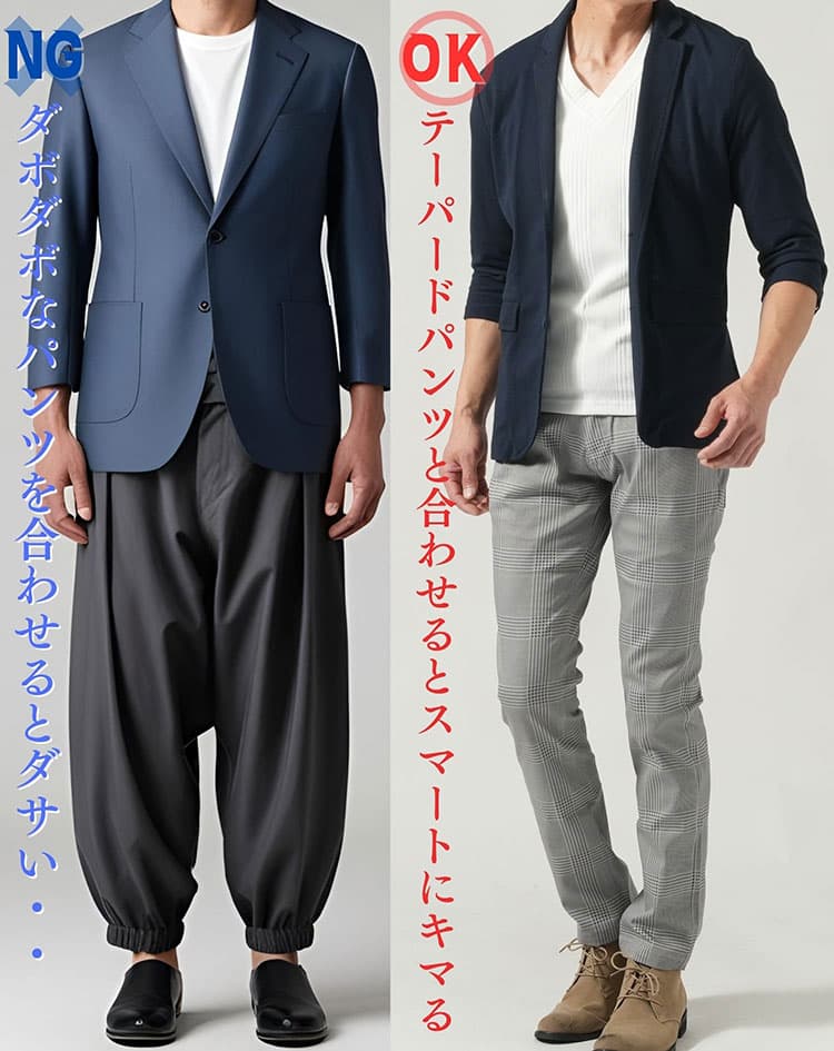 ダサいショート丈ジャケットコーデと細身のパンツと合わせた大人なジャケットコーデの比較