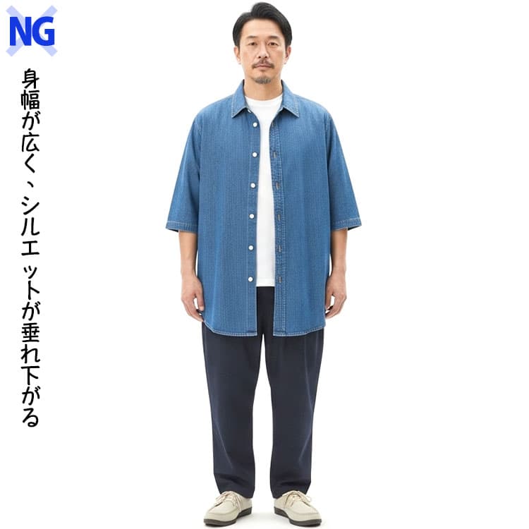 NGな半袖デニムシャツを着た男性