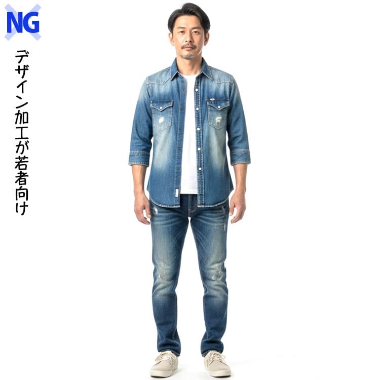 ダメージ加工の半袖デニムシャツを着た男性