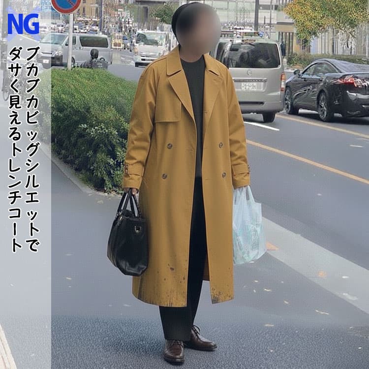 ブカブカビッグシルエットでダサく見えるトレンチコートの例