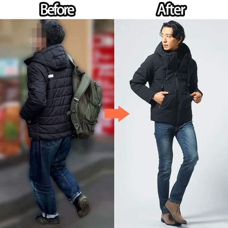 NGなデートの服装の例として紹介された量販店風のダウンジャケットとリュックのスタイルと、OK例としてスマートに見える細身のダウンジャケットとデニムのスタイリッシュなコーデ