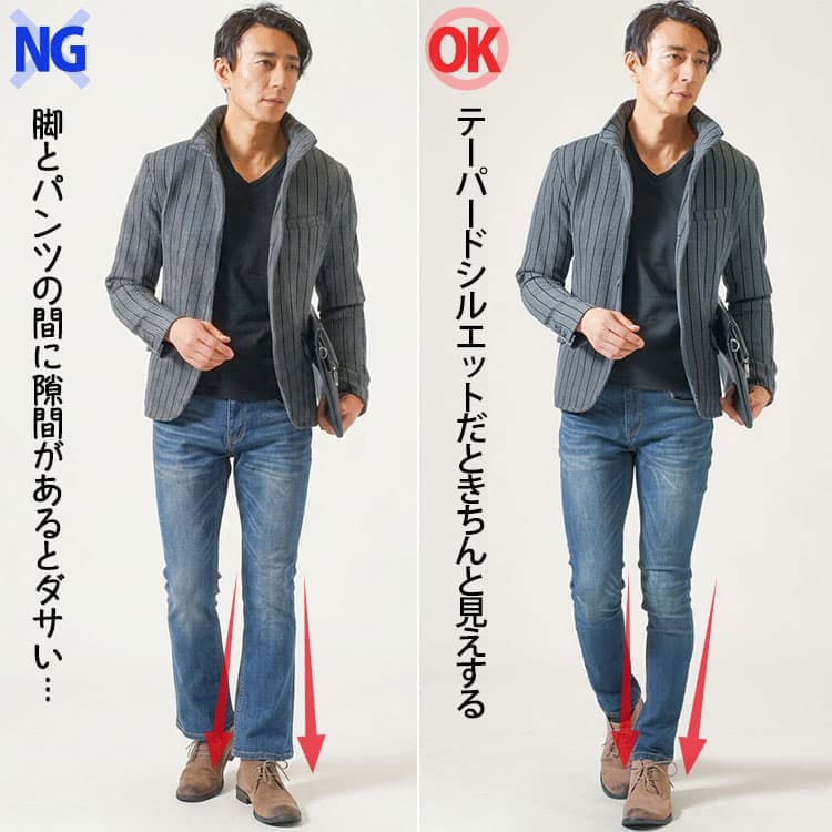 テーパードジーンズとテーパードでないジーンズの比較画像