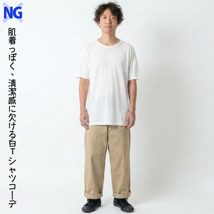 40代メンズが避けるべき清潔感に欠ける白Tシャツコーデ