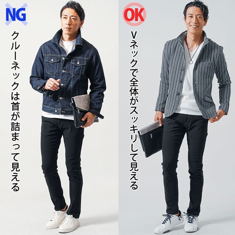 クルーネック黒スキニーコーデとVネックTシャツ黒スキニーコーデの比較
