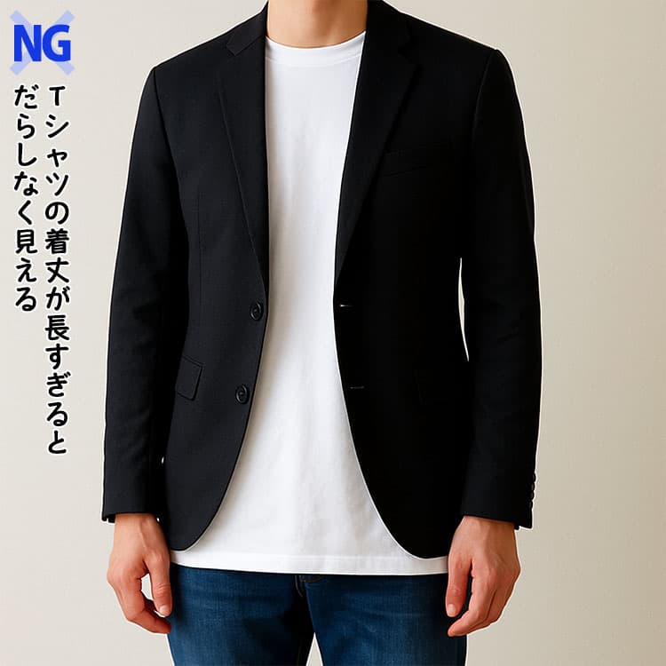 Tシャツの着丈が長すぎるとだらしなく見える例
