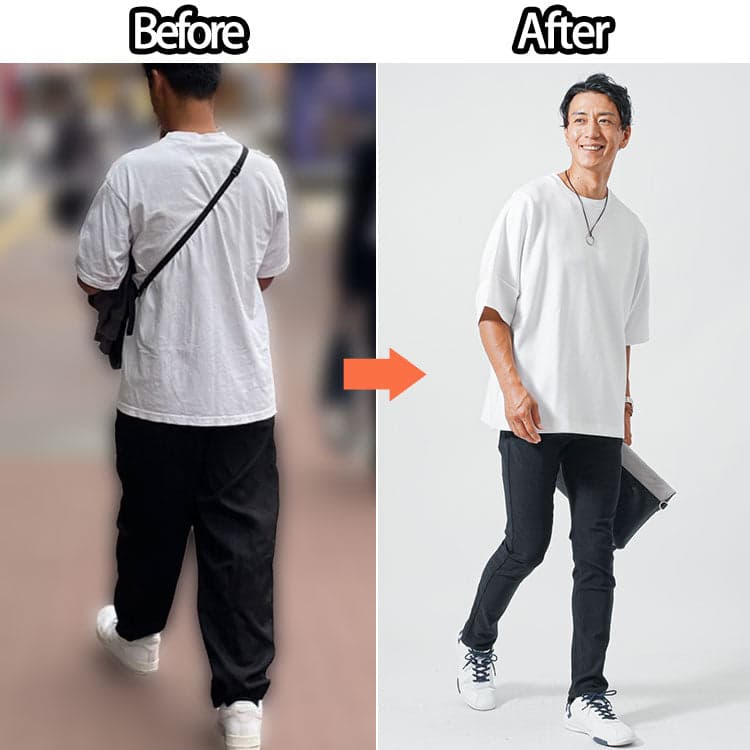 全身ダボダボ過ぎるダサいファッションと細身でスタイリッシュなイケオジファッションの比較