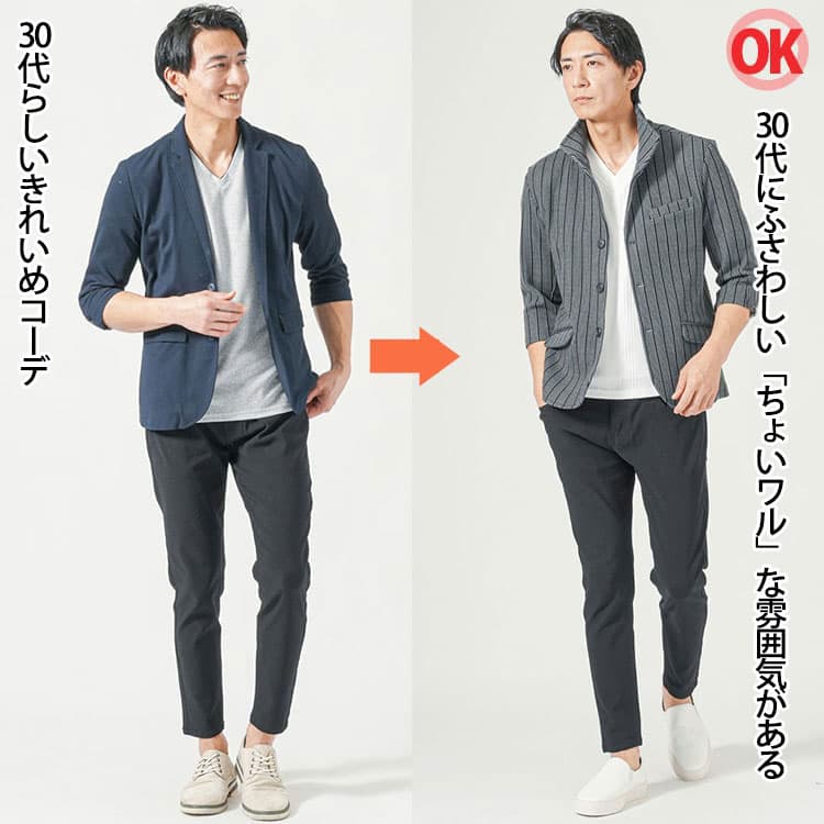 テーラードジャケットを着たコーデとちょいワル見えする立ち襟ジャケットを着たコーデ例