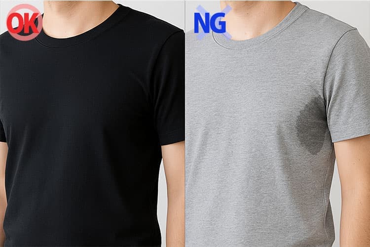 汗が目立ちにくい黒Tシャツと汗が目立ちやすいグレーTシャツの比較