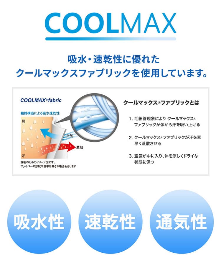 吸水性・速乾性・通気性に優れたクールマックス素材の説明画像