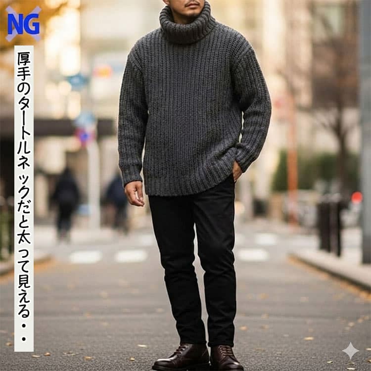 太って見える厚手のタートルネックを着たコーデ例