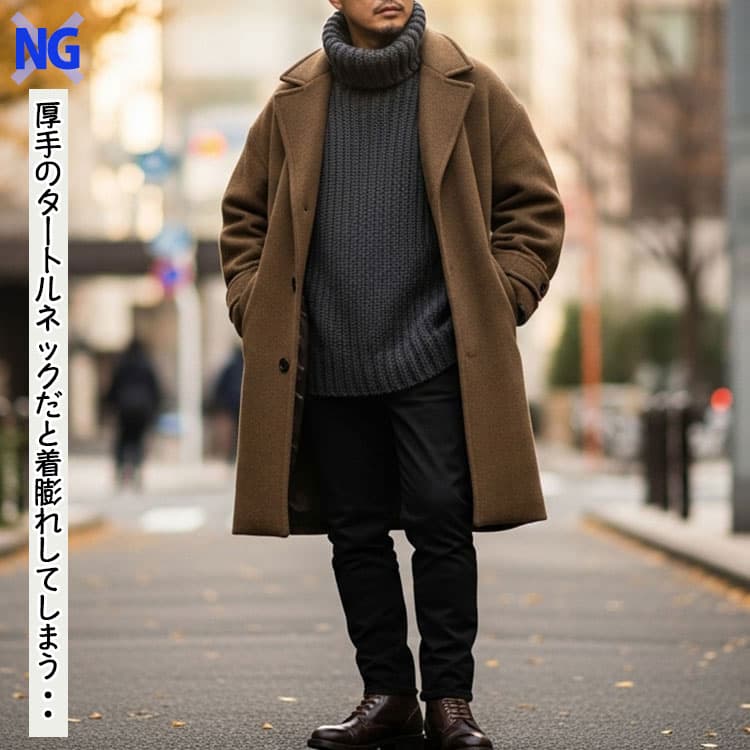 厚手のタートルネックとコートを合わせて着膨れを起こしているコーデ例