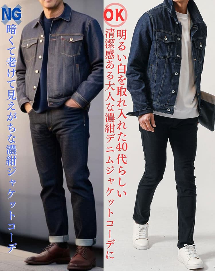 ダボダボパンツと合わせたダサいデニムジャケットコーデと細身パンツと合わせた40代らしいデニムジャケットコーデの比較