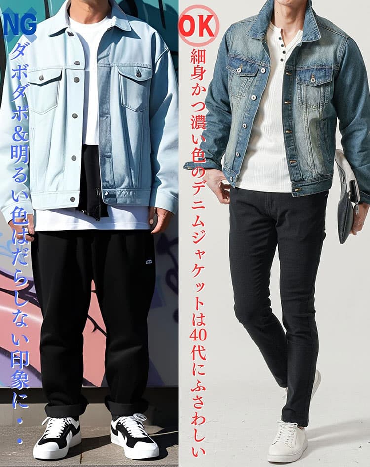 ダボダボかつ明るい色のダサいデニムジャケットコーデと細身で濃い色のデニムジャケットコーデの比較