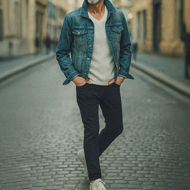 メンズがデニムジャケットを白Tシャツと黒スリムパンツに合わせた大人カジュアルコーデの海外スナップ